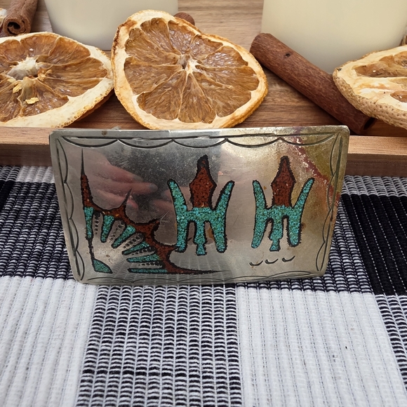 Vintage Silver Navajo Peyote Belt Buckle with Turquoise and Red Design - Picture 6 of 13